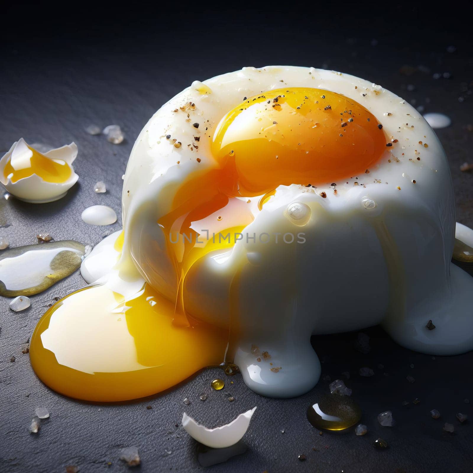 Close-up image of a cracked prepare egg with yolk spilling out, seasoned with pepper, on a dark surface