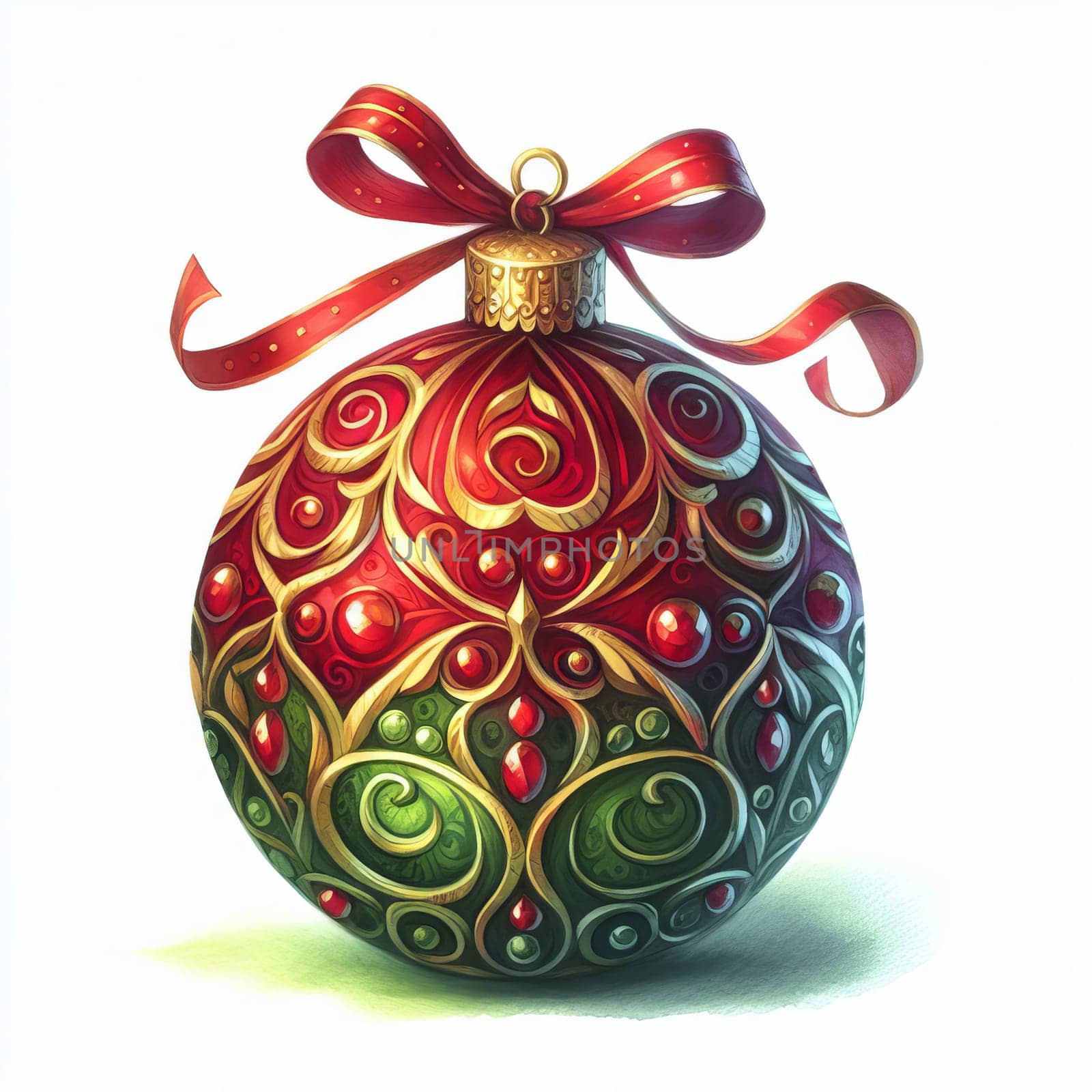 Red and green Christmas ornament ball, adorned with intricate swirls and dots, and topped with a red ribbon - watercolor painting