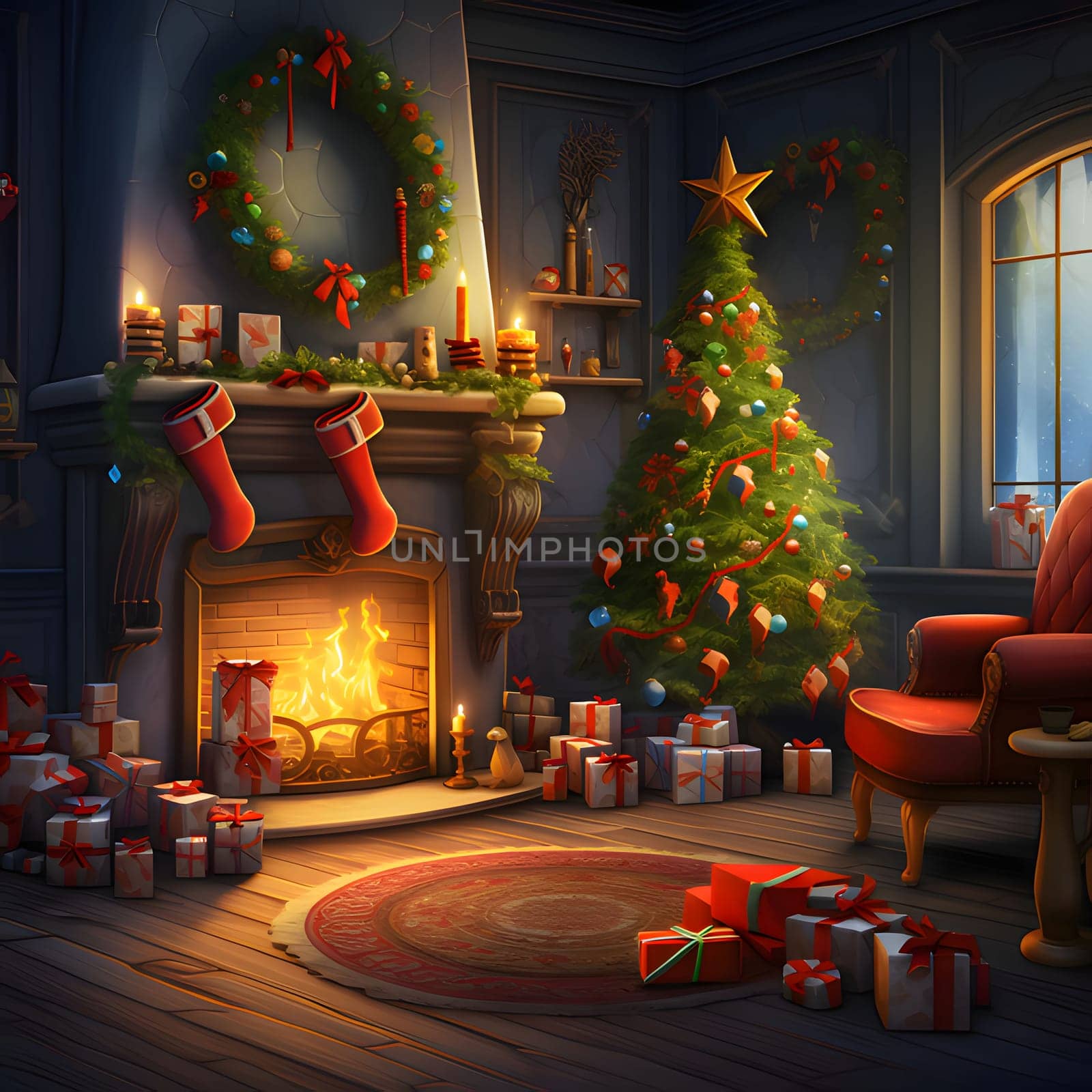 Illustration of a room with a Christmas tree, mass, presents, wreath and fireplace. Xmas tree as a symbol of Christmas of the birth of the Savior. A time of joy and celebration.