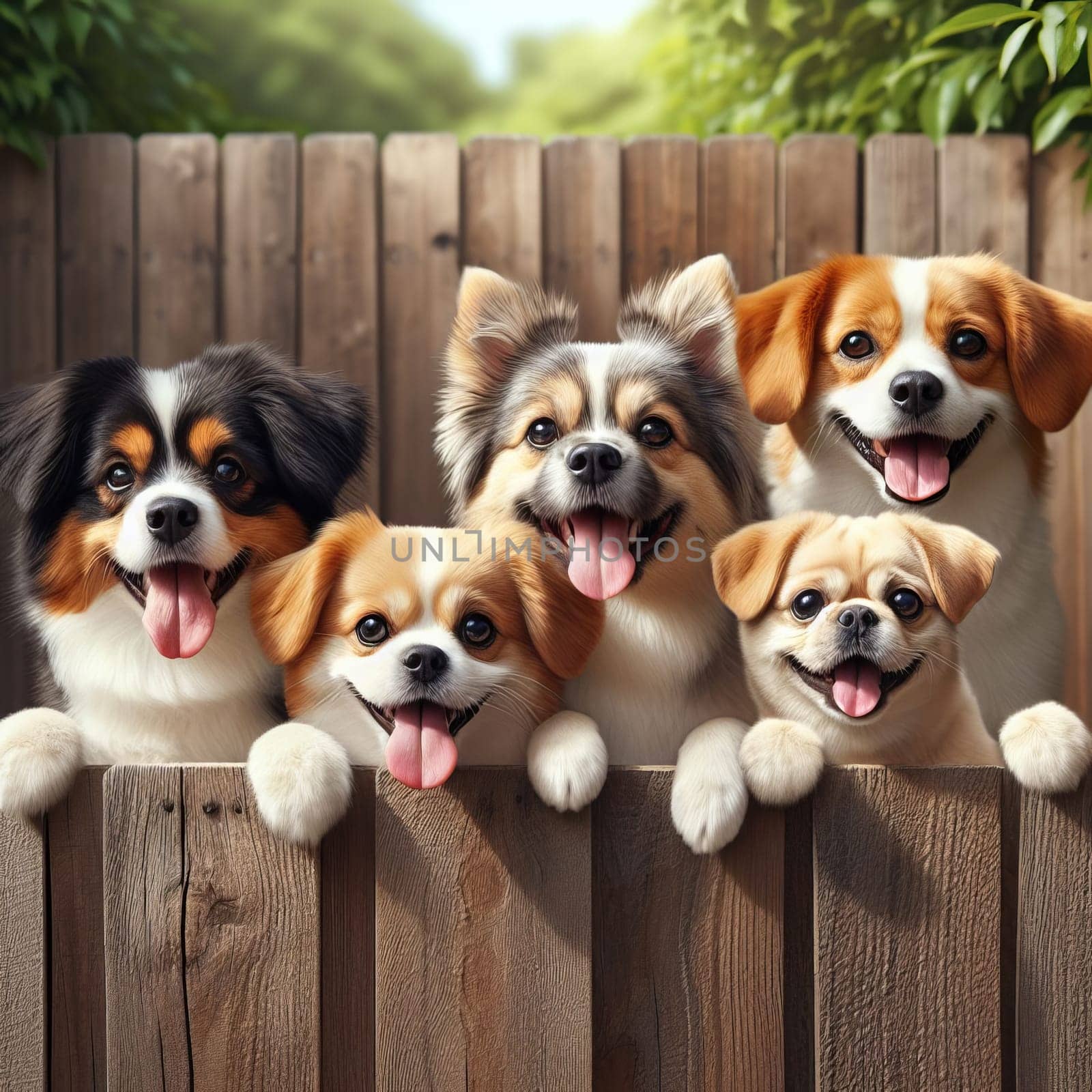 Four happy dogs peeking over a fence, surrounded by greenery, under the bright sunlight