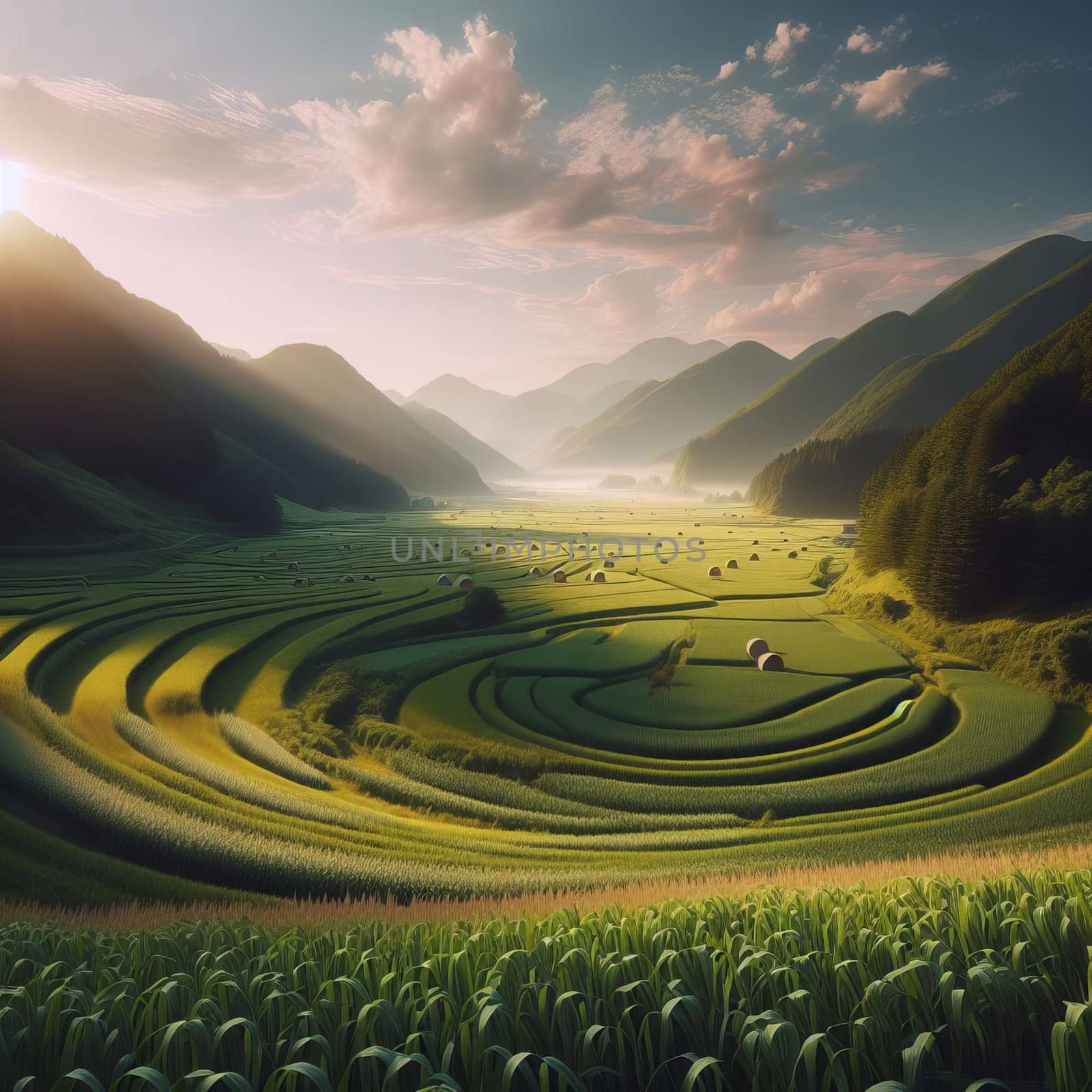 Breathtaking view of terraced fields amidst mountains, under a serene sky at sunrise