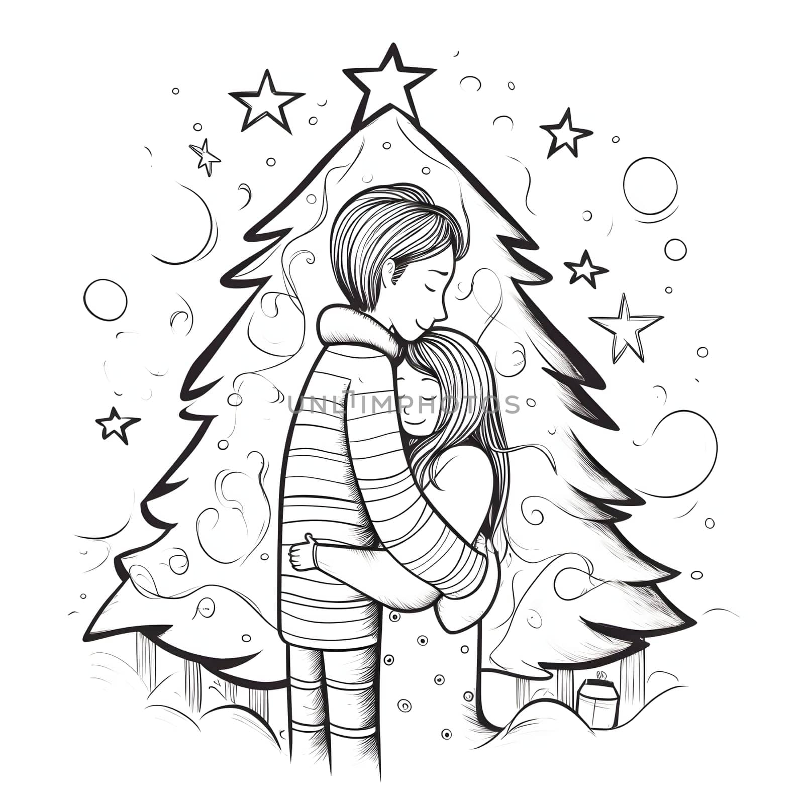 Hugging couple on the background of a Christmas tree. Black and White coloring sheet. Xmas tree as a symbol of Christmas of the birth of the Savior. A time of joy and celebration.