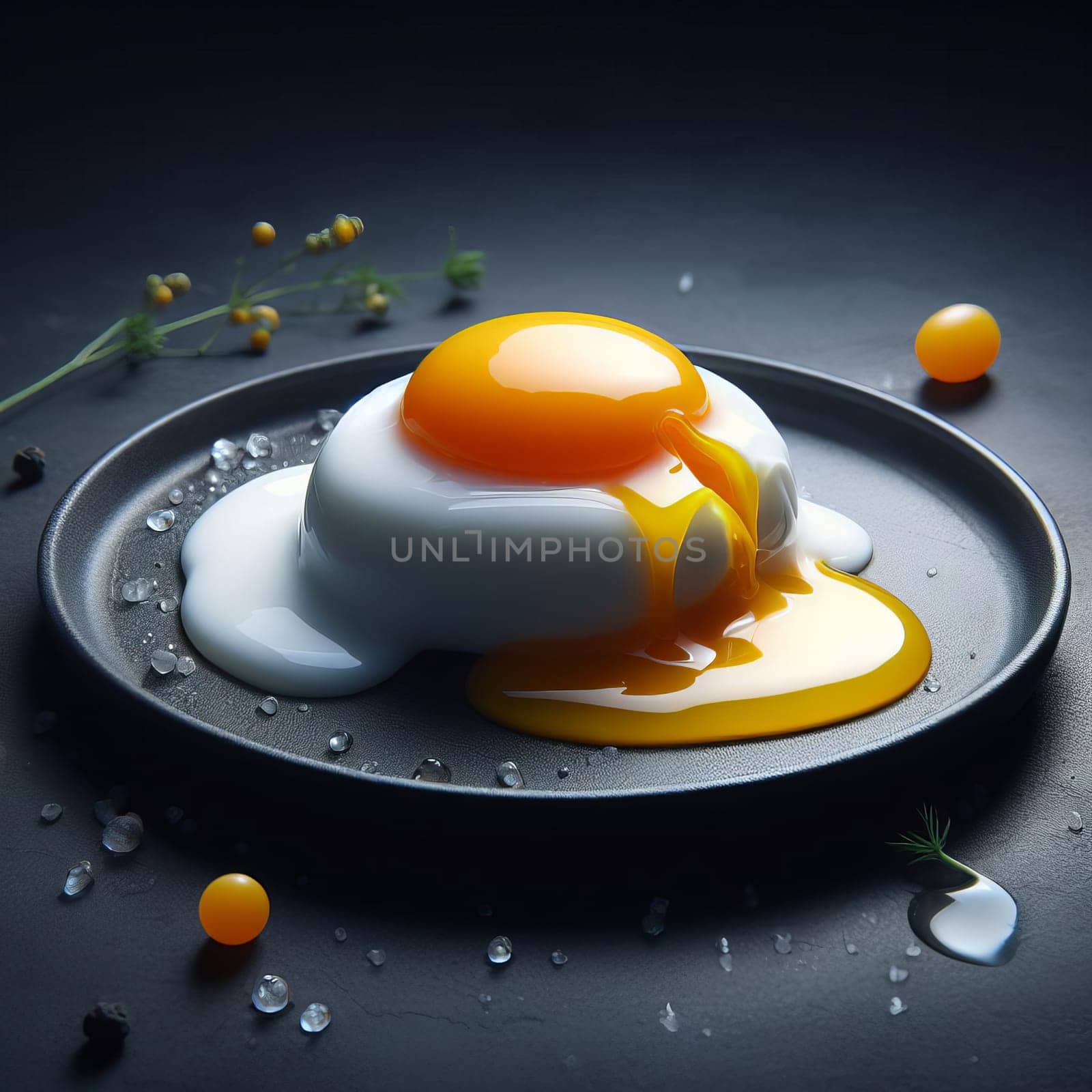 Perfectly poached egg on a dark plate, yolk oozing out, surrounded by herbs and droplets