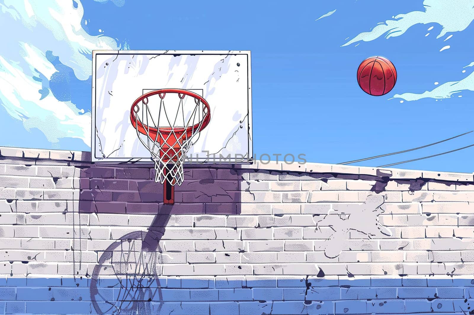 A basketball ball flies into the hoop, illustration in cartoon style. Hobbies and recreation. Generated by artificial intelligence by Vovmar