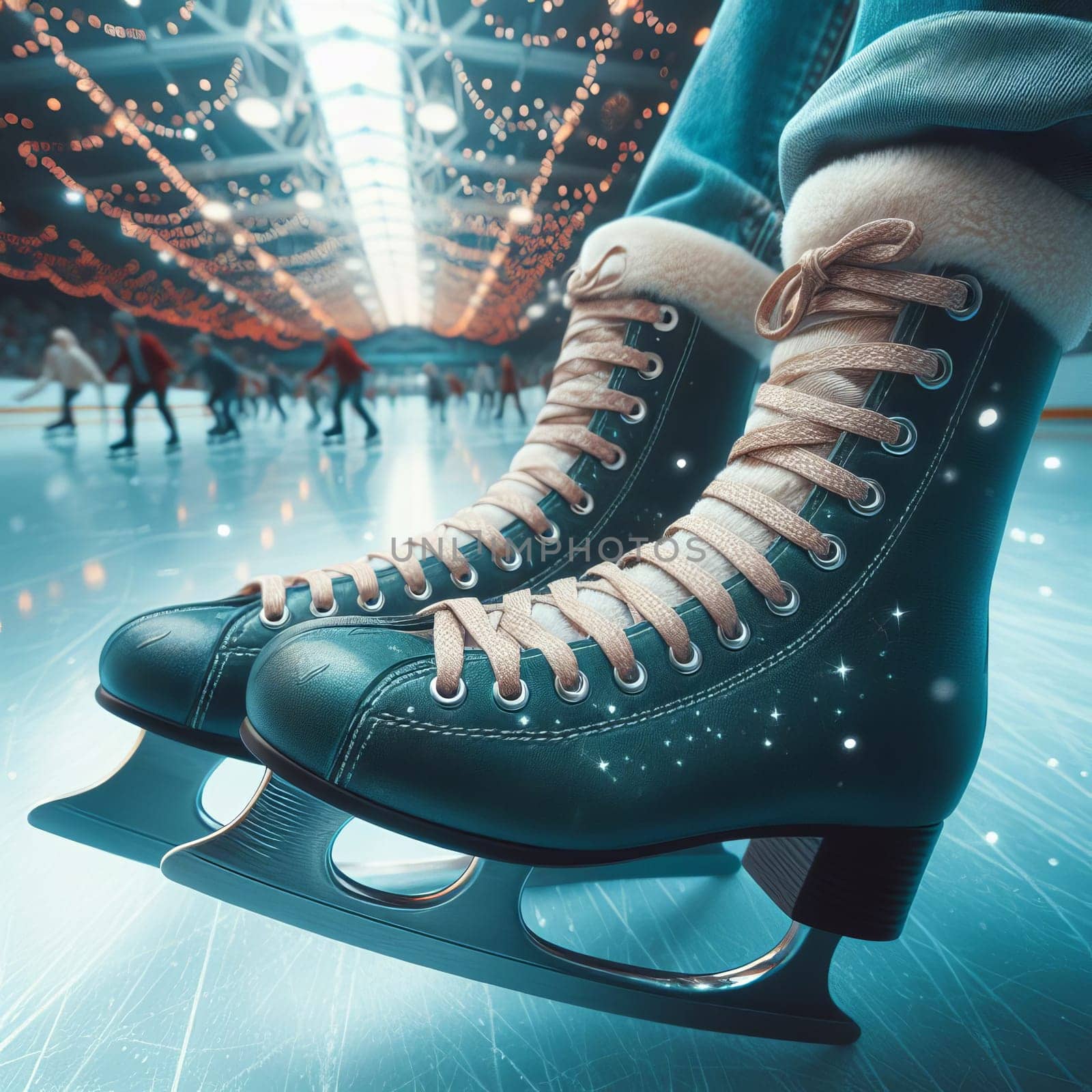 Close-up of a pair of ice skates, with the blurred background revealing an ice rink and people enjoying their skate