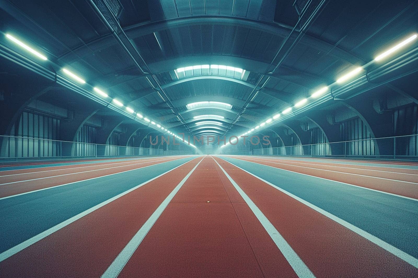 Empty running tracks in a large sports stadium illuminated by floodlights. Generated by artificial intelligence by Vovmar