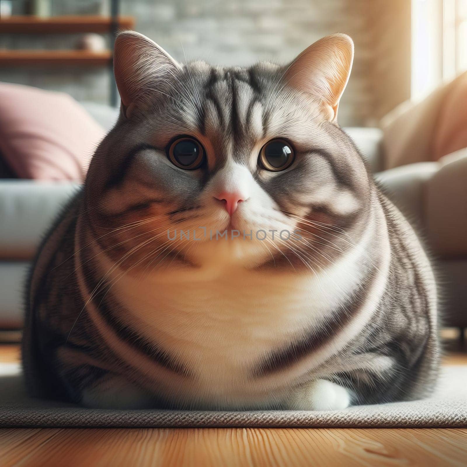 A cozy cat, with its face blurred, lounges on a rug in a stylish living room