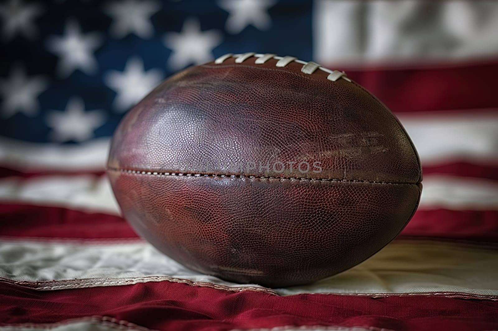Close-up of a rugby ball on a blurred background with a usa flag.
