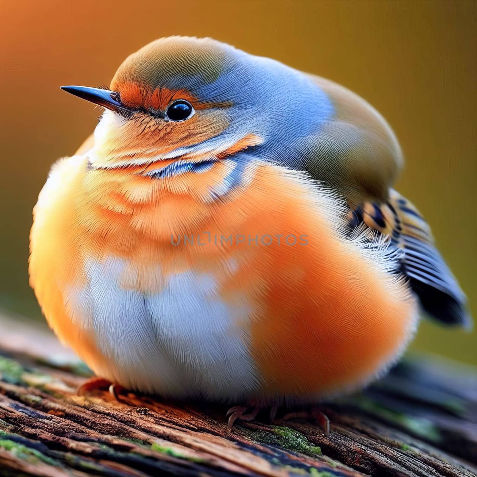 A small ruffled bird with vibrant orange and blue feathers perches on a branch - close-up view