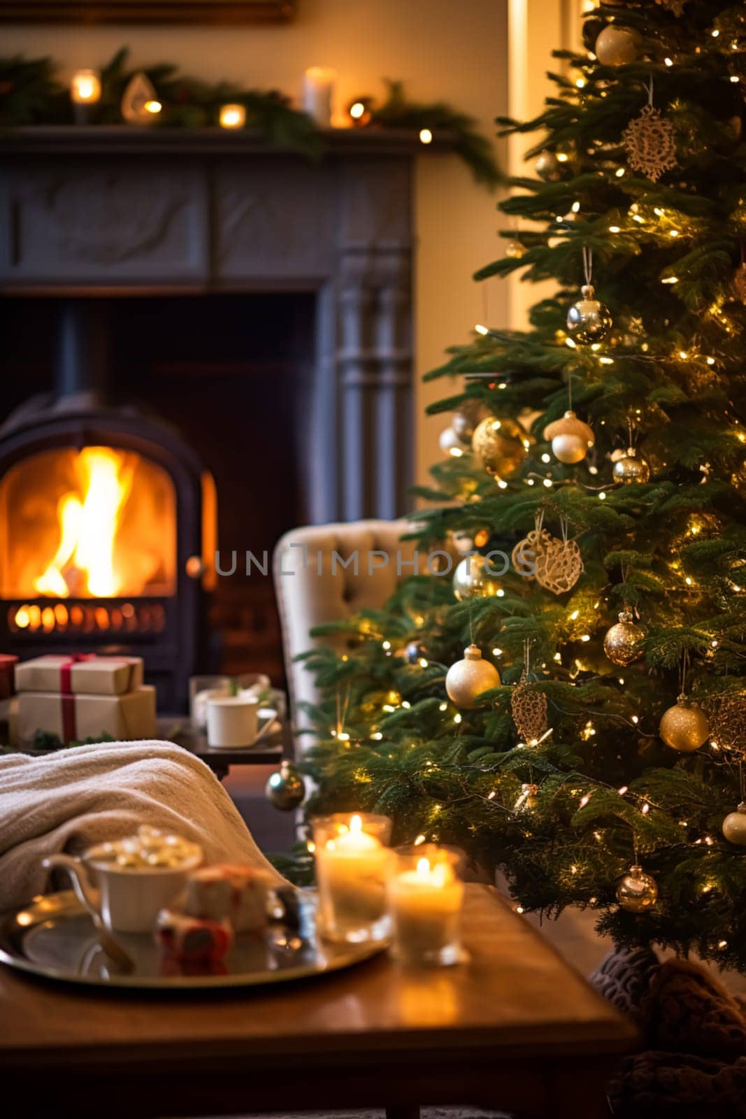 Christmas, holiday decor and country cottage style, cosy atmosphere, decorated Christmas tree in the English countryside house living room with fireplace, interior decoration idea