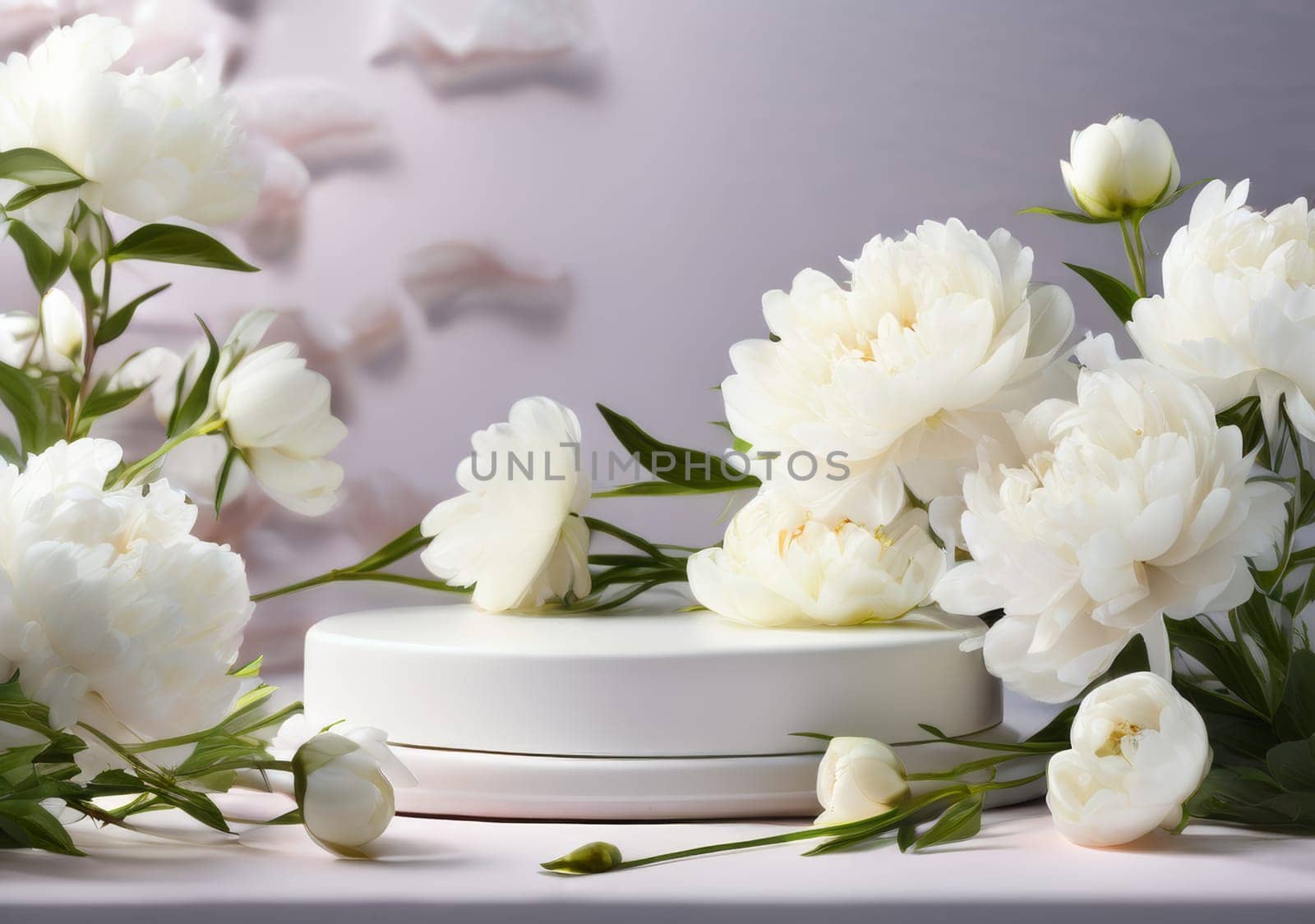 Low Empty Podium with background white peonies flowers. Podium mockup for product 3d. spring table beauty stand display nature. Podium adorned with pink flowers. Display with flowers for cosmetic