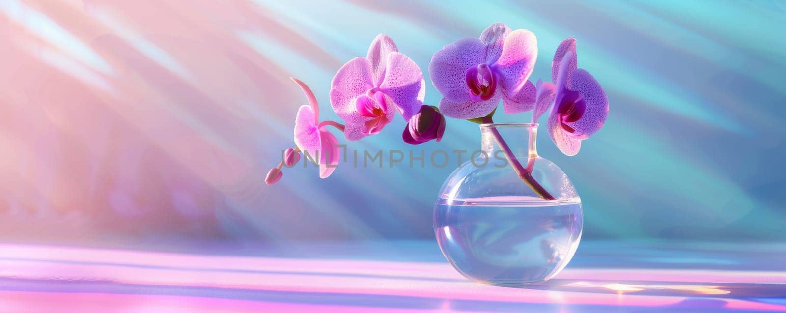 Purple orchids in a glass vase under colorful lights.