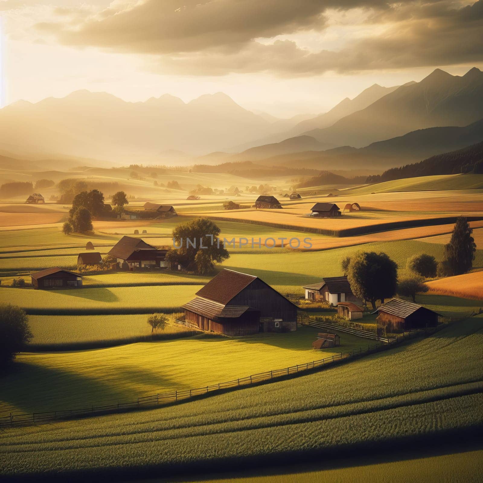 A picturesque countryside landscape features a farm in the foreground, with majestic mountains forming a stunning backdrop