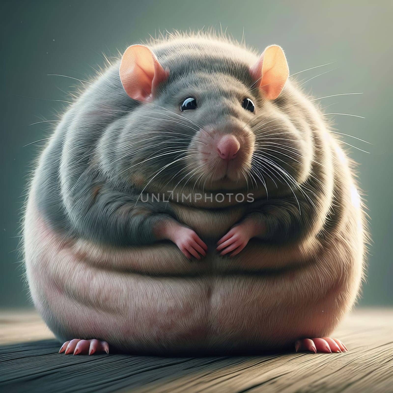 Adorable chubby mouse with big eyes and folded paws, sitting on a wooden surface under soft light