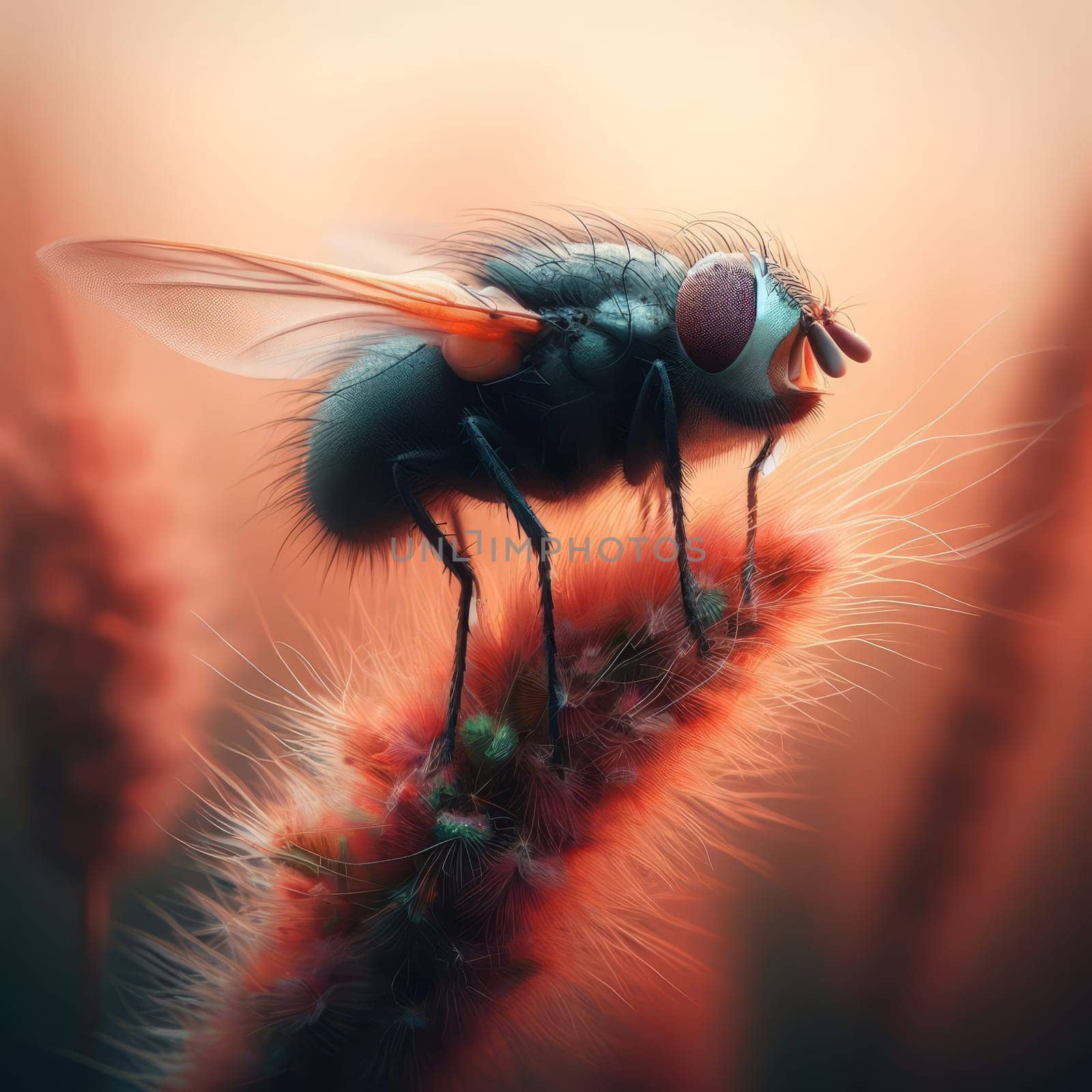 A fly with a blue body and orange legs rests on a fuzzy red plant - close-up view with a blurred background. by sfinks