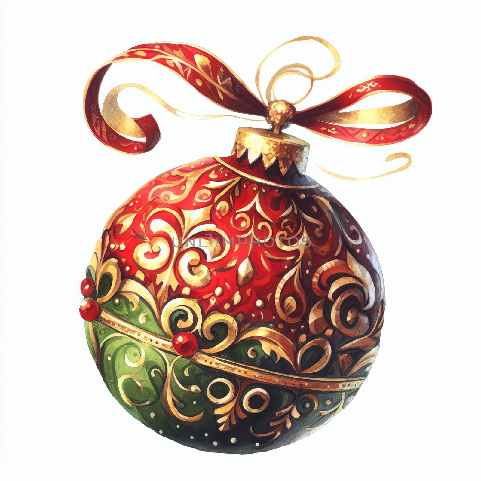 Hand-painted Christmas ornament with intricate golden patterns and a decorative ribbon, exuding festive charm