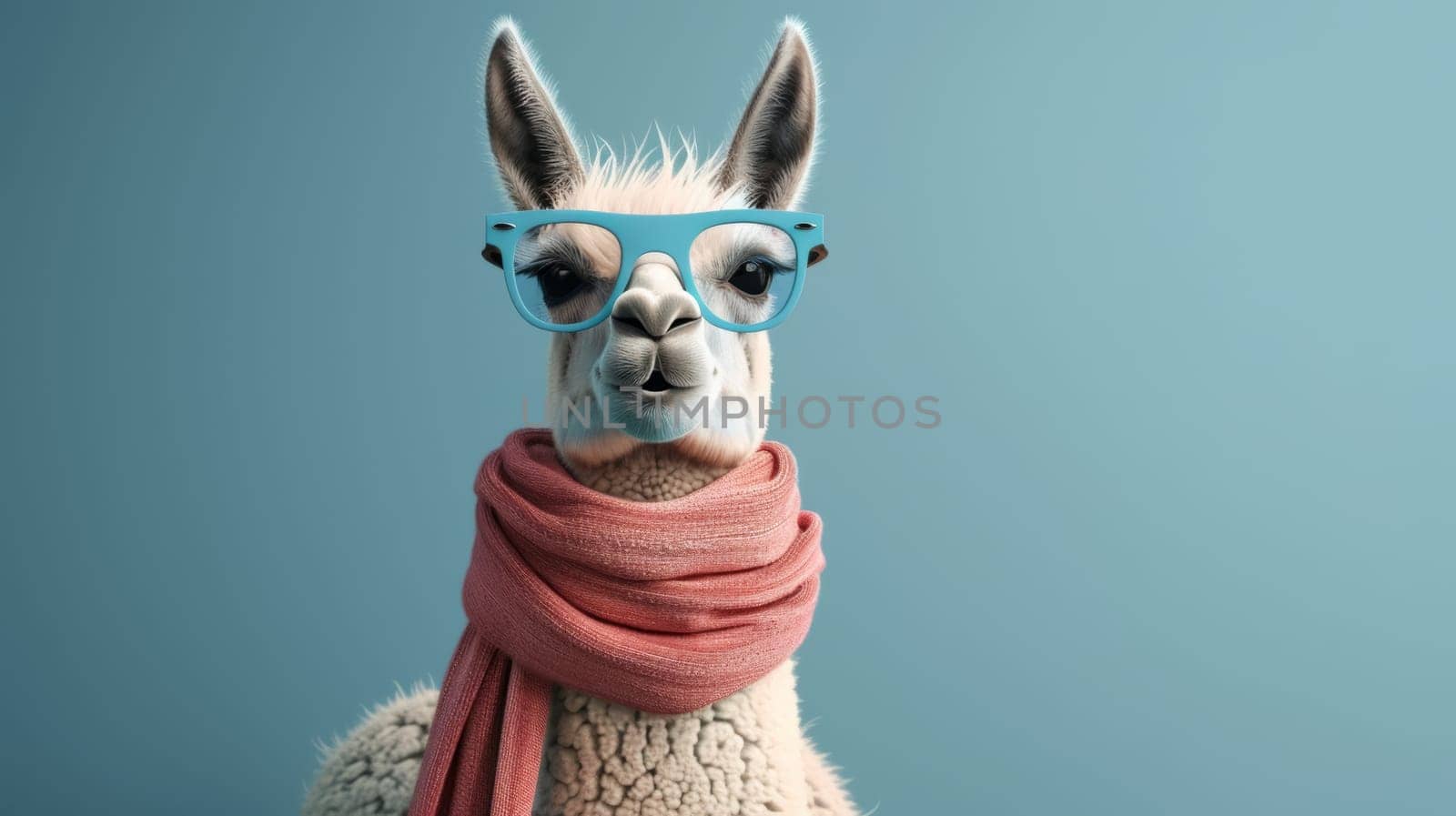 Stylish llama wearing blue glasses and a pink scarf.