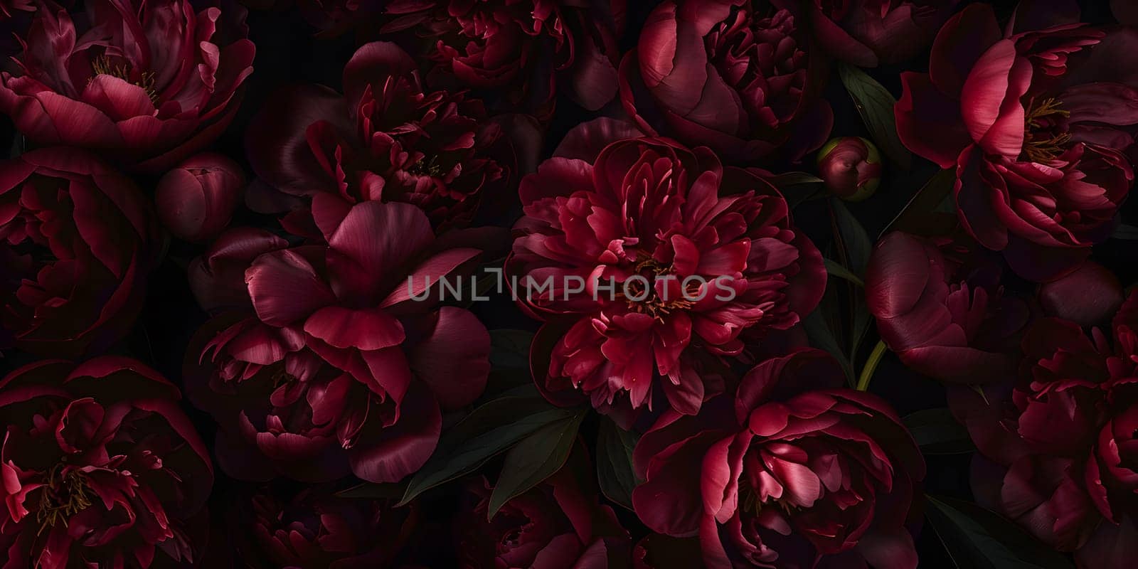 A vibrant display of magenta and violet flowers against a dark black background, creating a striking contrast. The pattern is reminiscent of a blooming tree during a special event