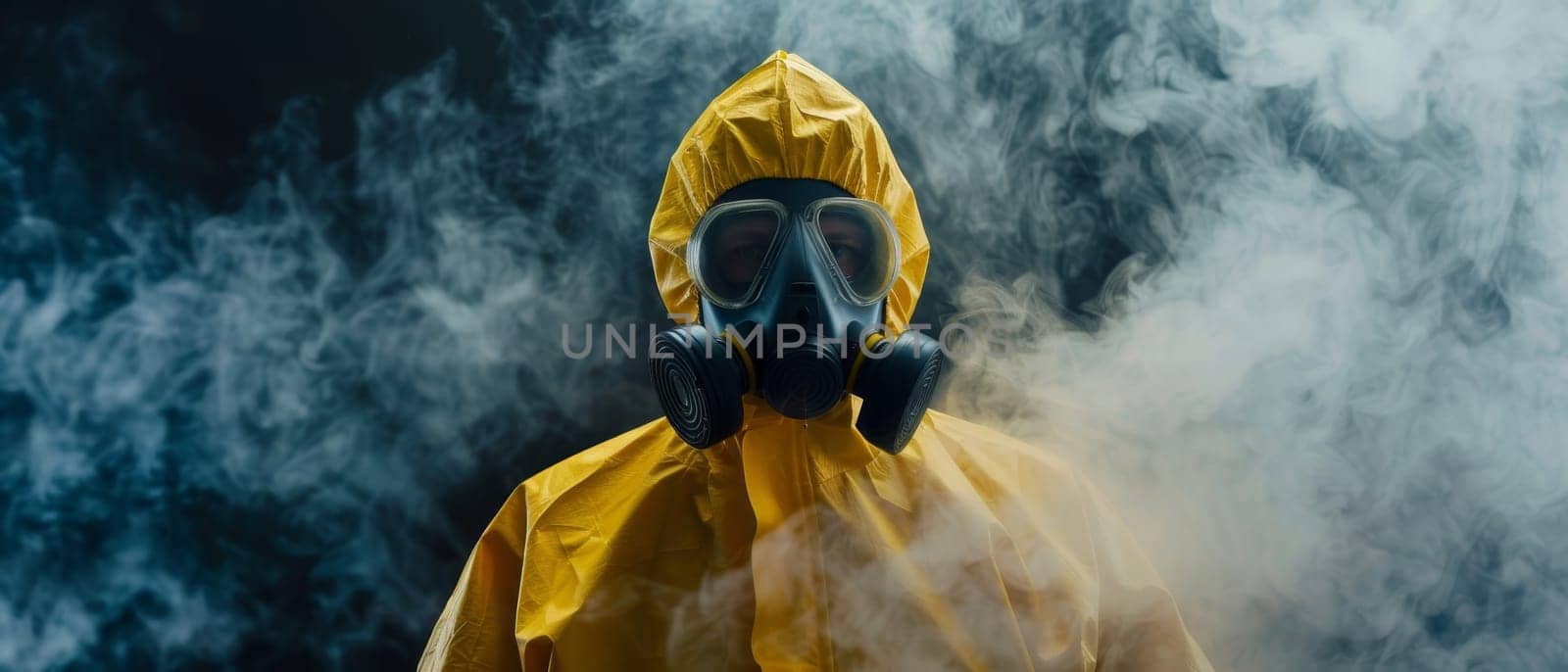 A solitary figure in a hazmat suit and mask emerges from thick smoke, captured in a panoramic view. by sfinks