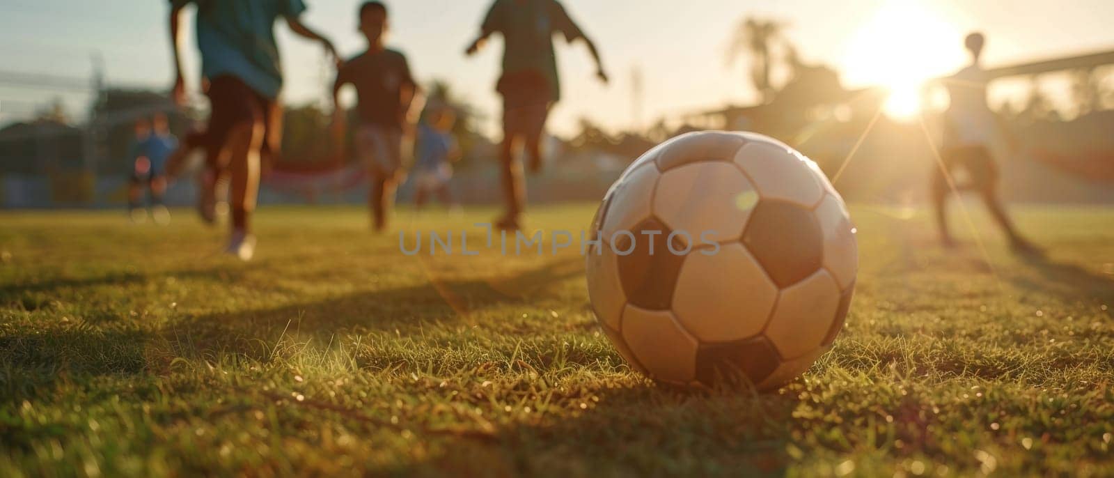 A dynamic close-up of a soccer ball on the field with players in motion in the background, captured during a captivating sunset. by sfinks