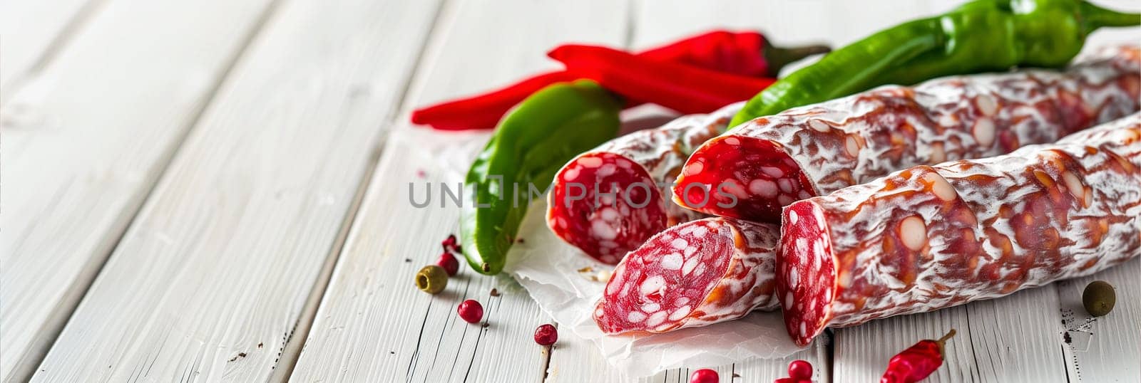 Sliced cured salami next to vibrant red chili peppers, fresh basil leaves, and scattered peppercorns on a textured wooden surface.