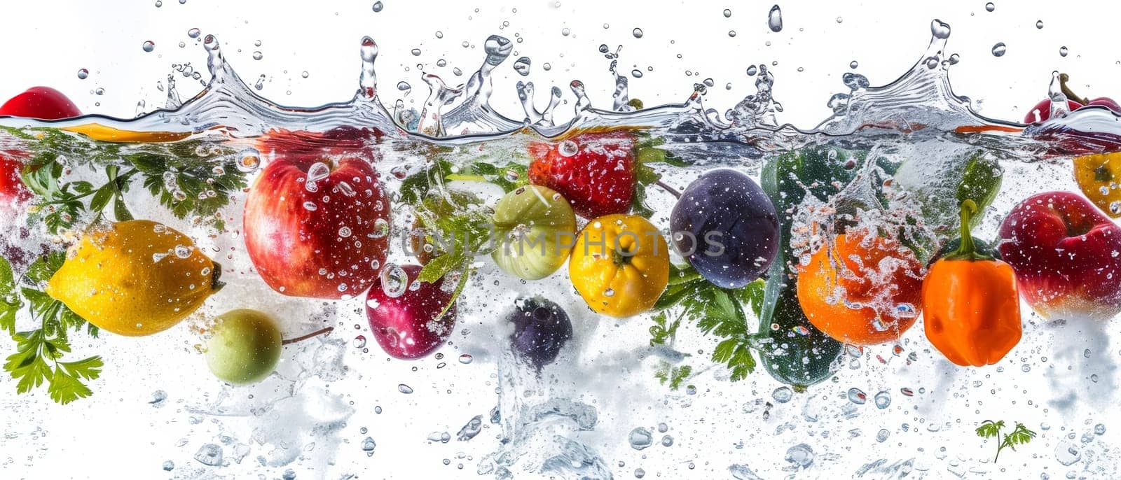 A dynamic display of various fruits and vegetables with a splash in clear water, capturing motion and freshness