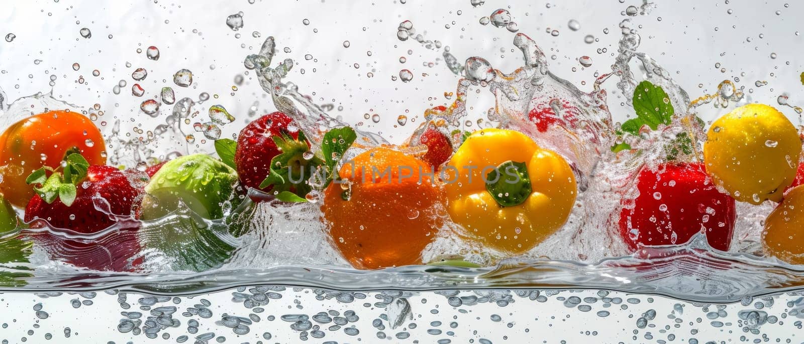 An assortment of fresh produce, including strawberries, limes, and bell peppers, caught in a lively water splash. by sfinks