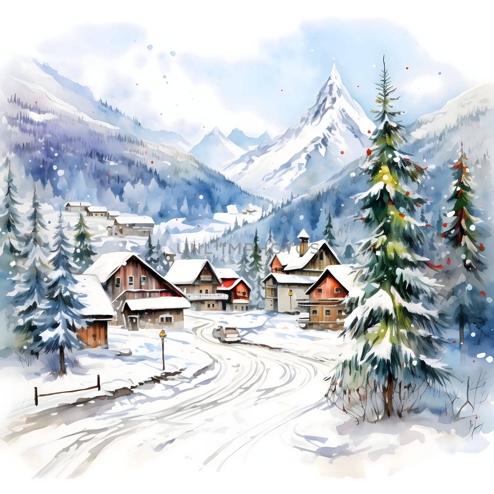 Winter painted landscape: Christmas trees houses, day, falling snow. Xmas tree as a symbol of Christmas of the birth of the Savior. A time of joy and celebration.