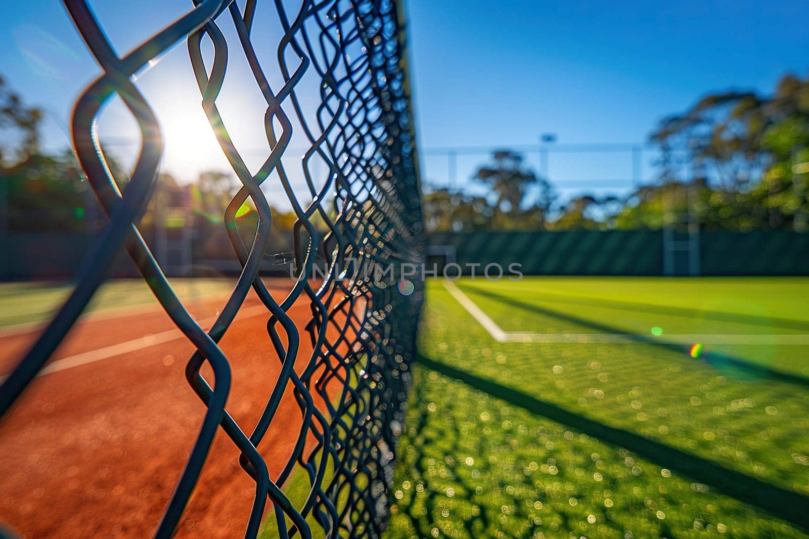 Close-up of a metal mesh in an outdoor sports stadium on a sunny day.