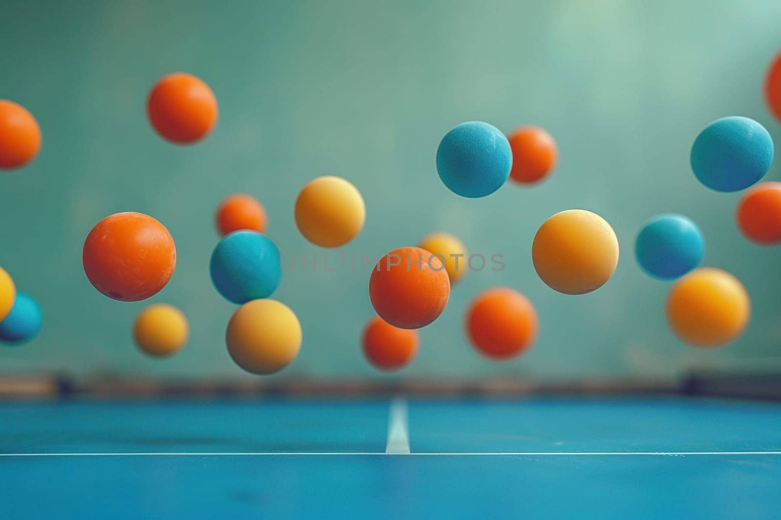 Orange and blue ping pong balls bounce on a tennis table. Concept of sport, hobby. Generated by artificial intelligence by Vovmar
