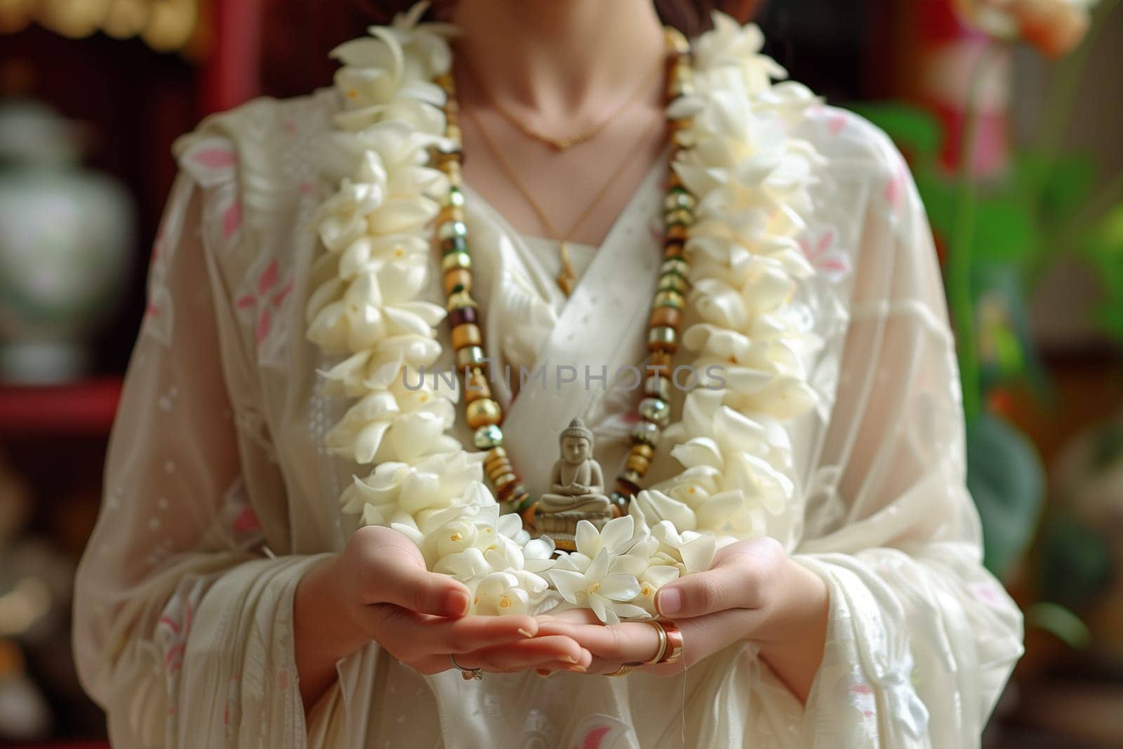 A woman dressed in white holding a necklace in her hands.