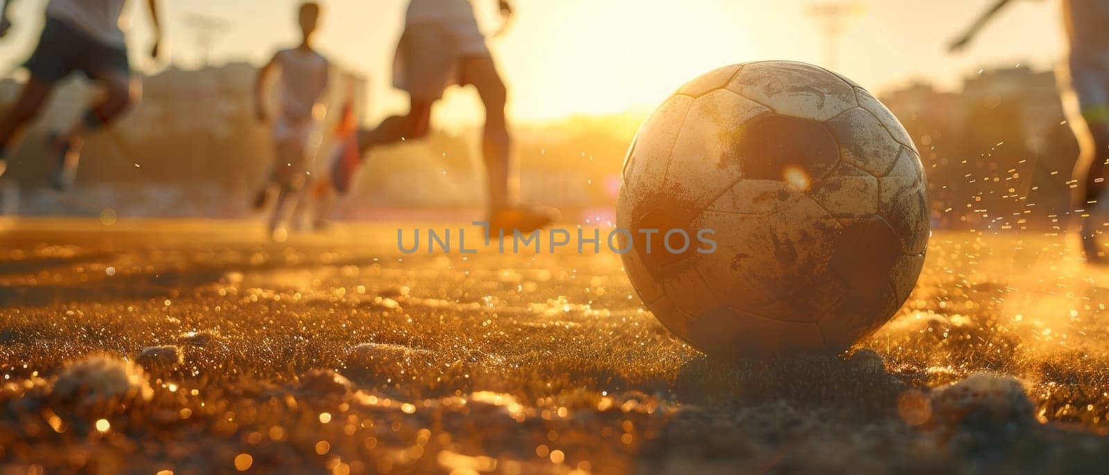 Evening sunlight filters through a cloud of dust around a worn soccer ball, with player shadows casting a dramatic backdrop