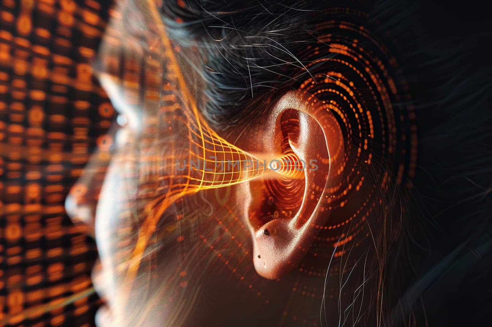 Abstract image of electromagnetic and sound waves near a woman's ear.