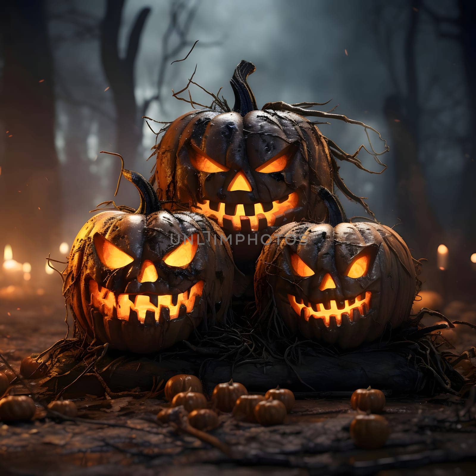 Three jack-o-lantern pumpkins glowing on a dark blurry background, a Halloween image. Atmosphere of darkness and fear.