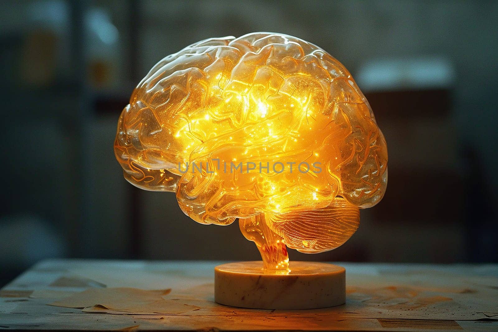 A lamp in the shape of a human brain glows on the table. Healthy brain concept.