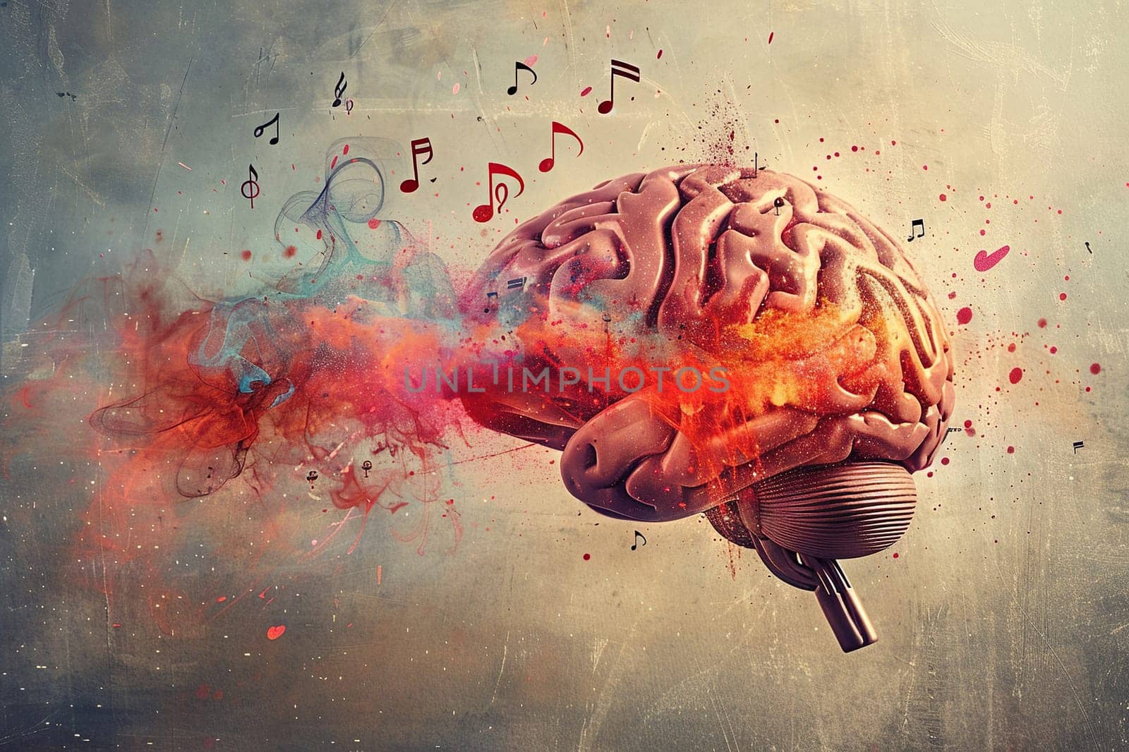 Abstract image of a human brain and musical notes. The influence of music on the human brain. Generated by artificial intelligence by Vovmar