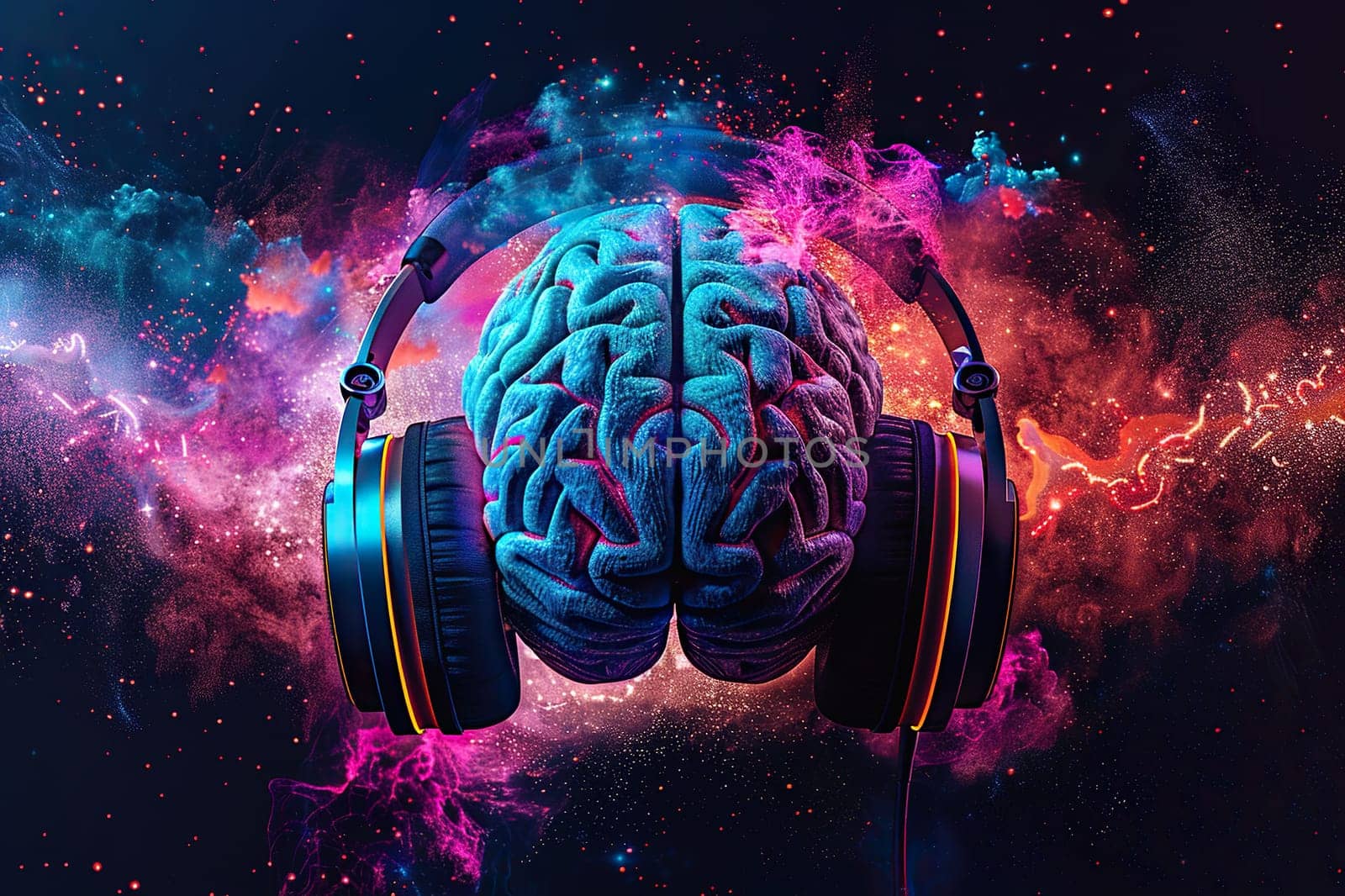The human brain in huge headphones against the backdrop of the universe.