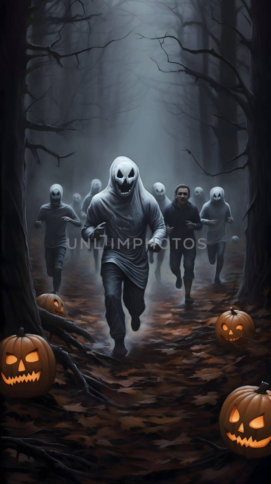 Glowing jack-o-lantern pumpkins in the forest and running monsters, a Halloween image. by ThemesS