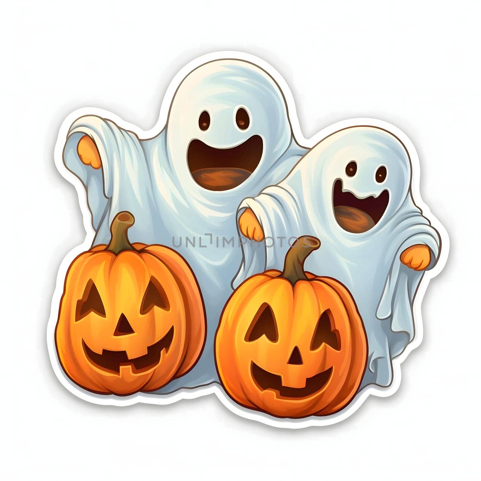 Stickers two frightened ghosts and jack-o-lantern pumpkins, Halloween image on a white isolated background. Atmosphere of darkness and fear.