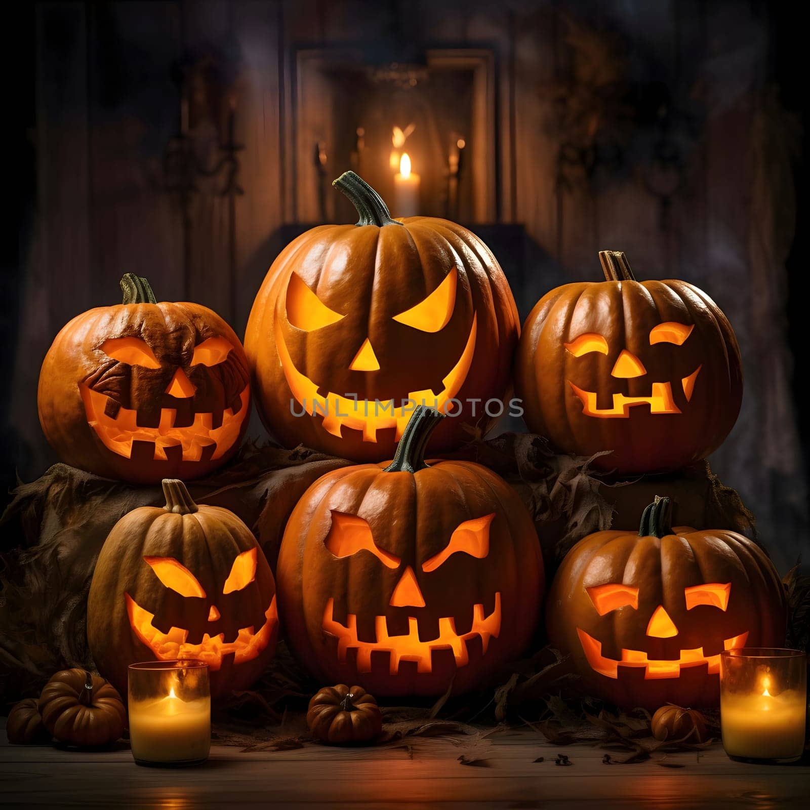 Six elegantly arranged glowing jack-o-lantern pumpkins, two candles in the background, smoke, dark room, a Halloween image. by ThemesS