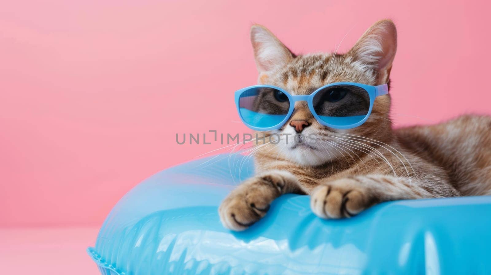 Cat with blue sunglasses lying on an inflatable pool ring against a pink background.