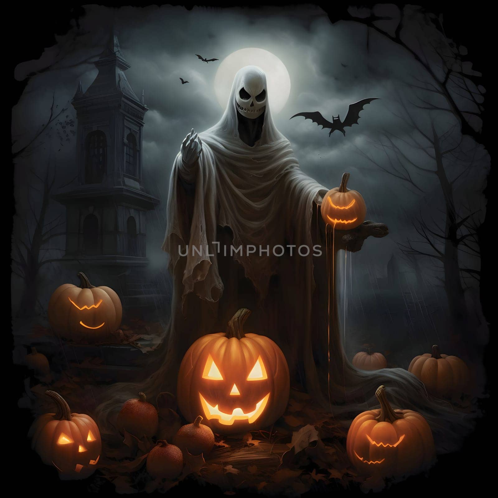 Monster, death holding pumpkins, all around glowing jack-o-lanterns, church tower in the background, midnight, flying bats and fog, a Halloween image. by ThemesS