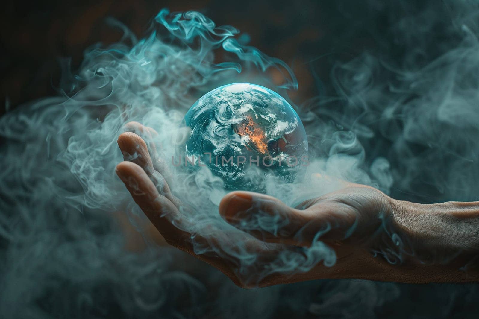 A man's hand holds a glowing ball in the form of a planet in clouds of smoke on a dark background.