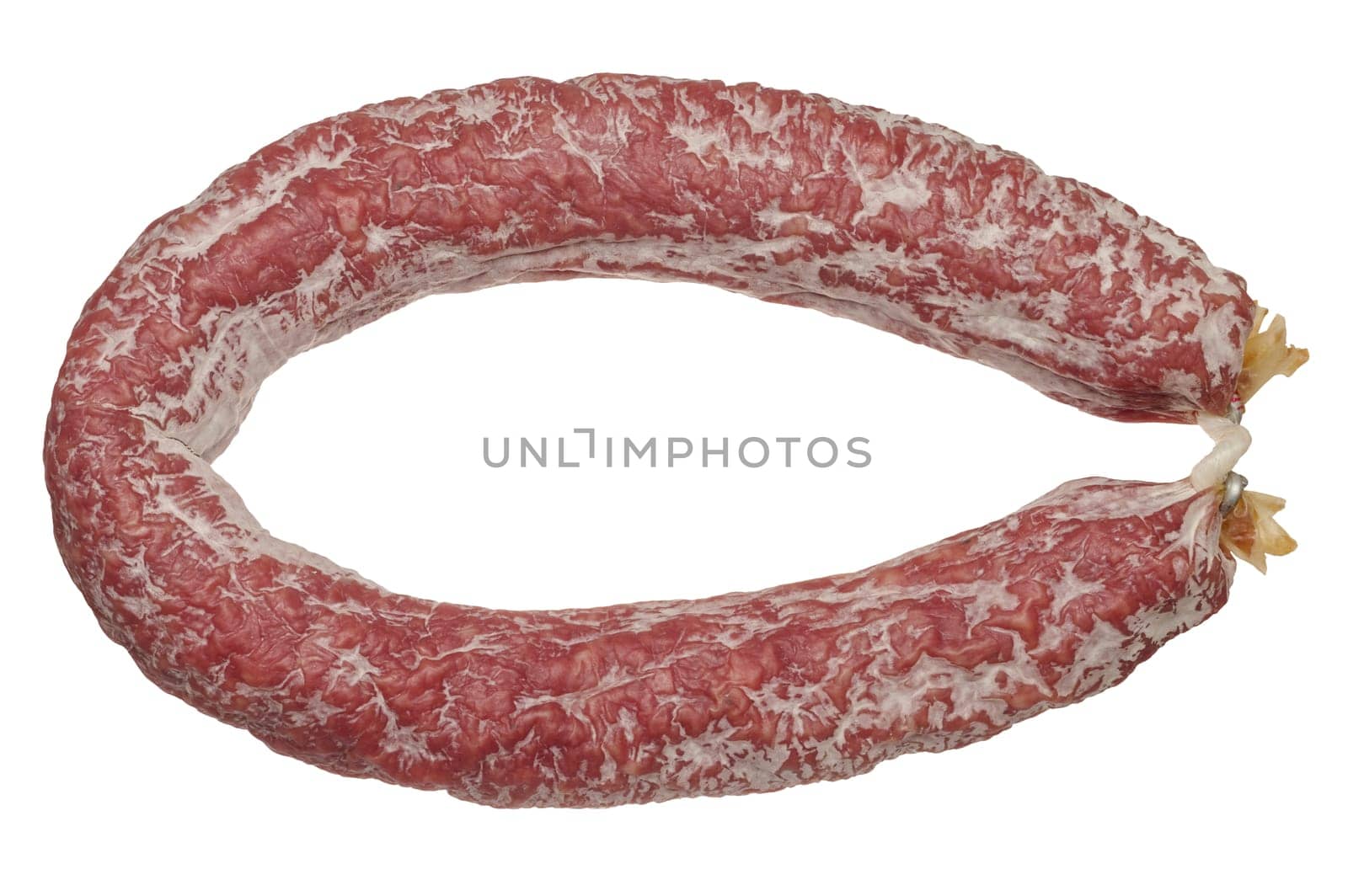 Smoked sausage circle on isolated background, top view