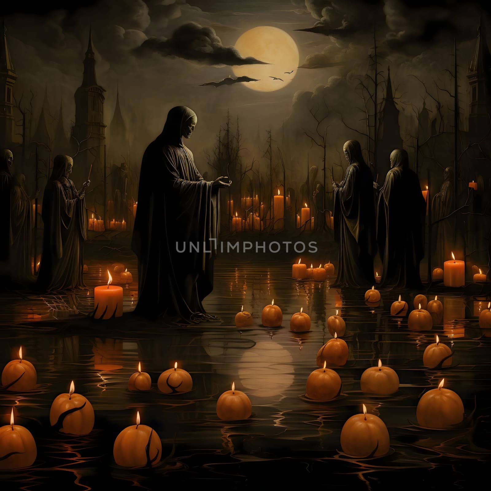 Dark black monsters of death walking on water on which pumpkin candles float, midnight., a Halloween image. by ThemesS