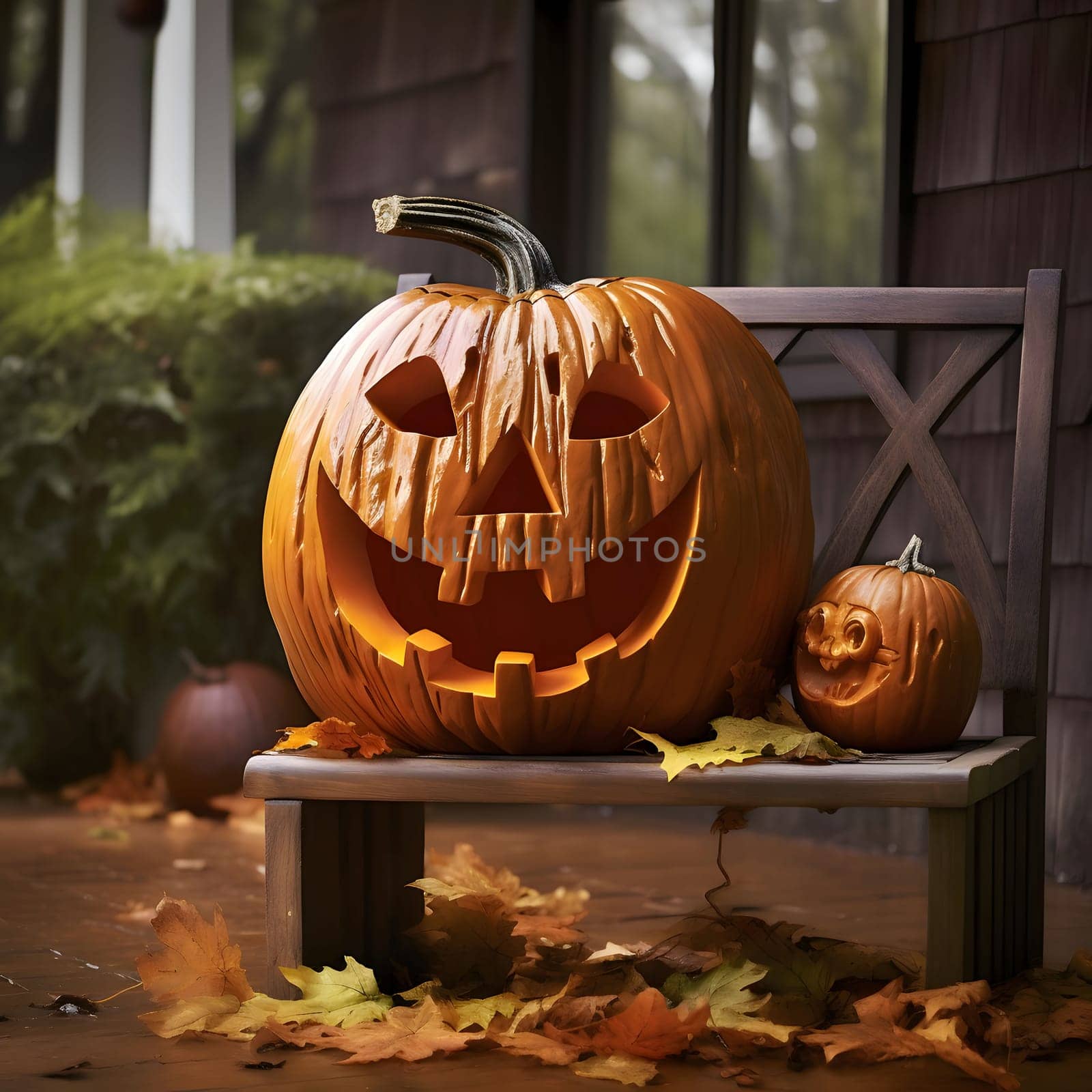 A larger and smaller jack-o-lantern pumpkin on a wooden bench all around autumn maple leaves, a Halloween image. Atmosphere of darkness and fear.
