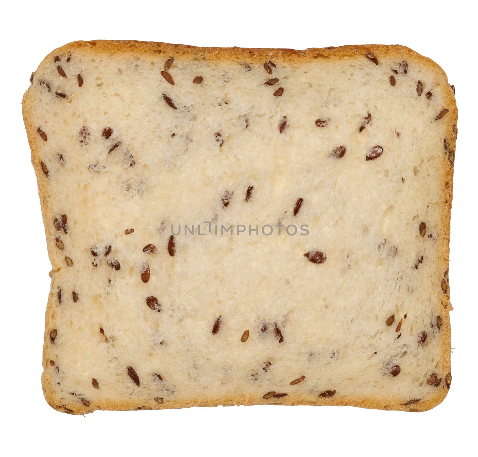 Square piece of wheat flour bread with flax seeds on isolated background, close up