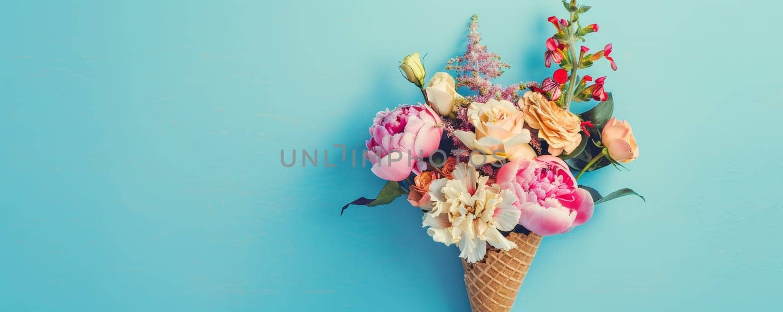 Floral arrangement in an ice cream cone on a blue background.