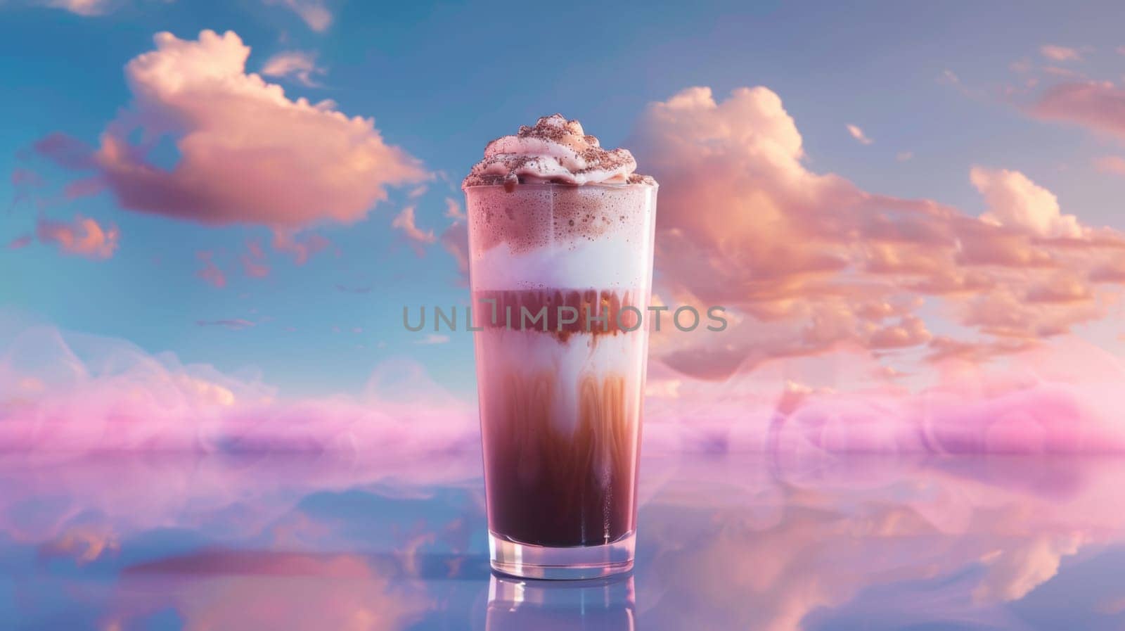Tall glass of iced coffee with whipped cream against a dreamy pink sky.