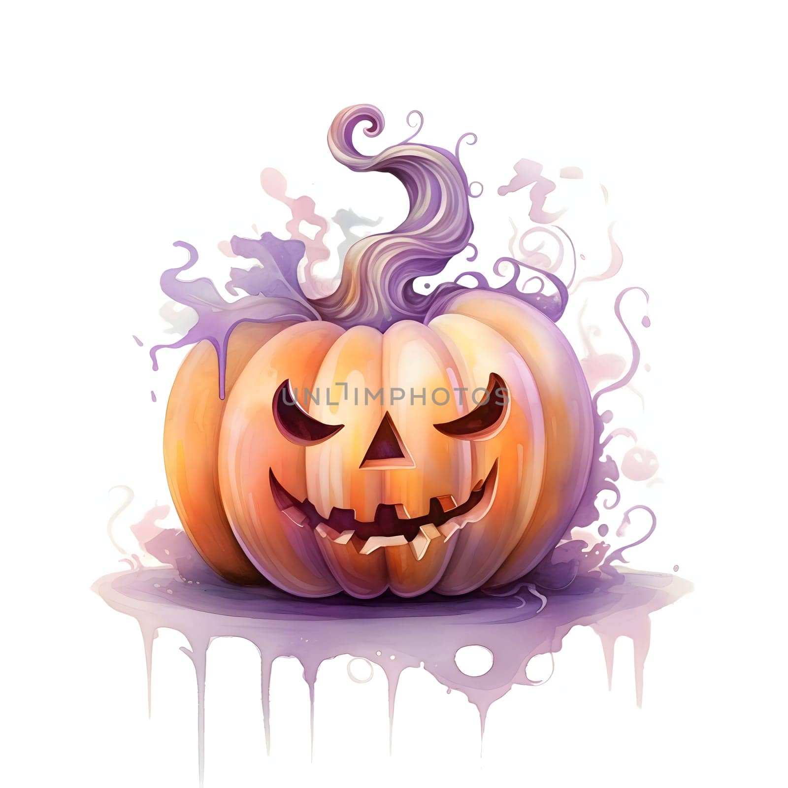 Jack-o-lantern pumpkin, purple watercolor, Halloween image on a white isolated background. by ThemesS